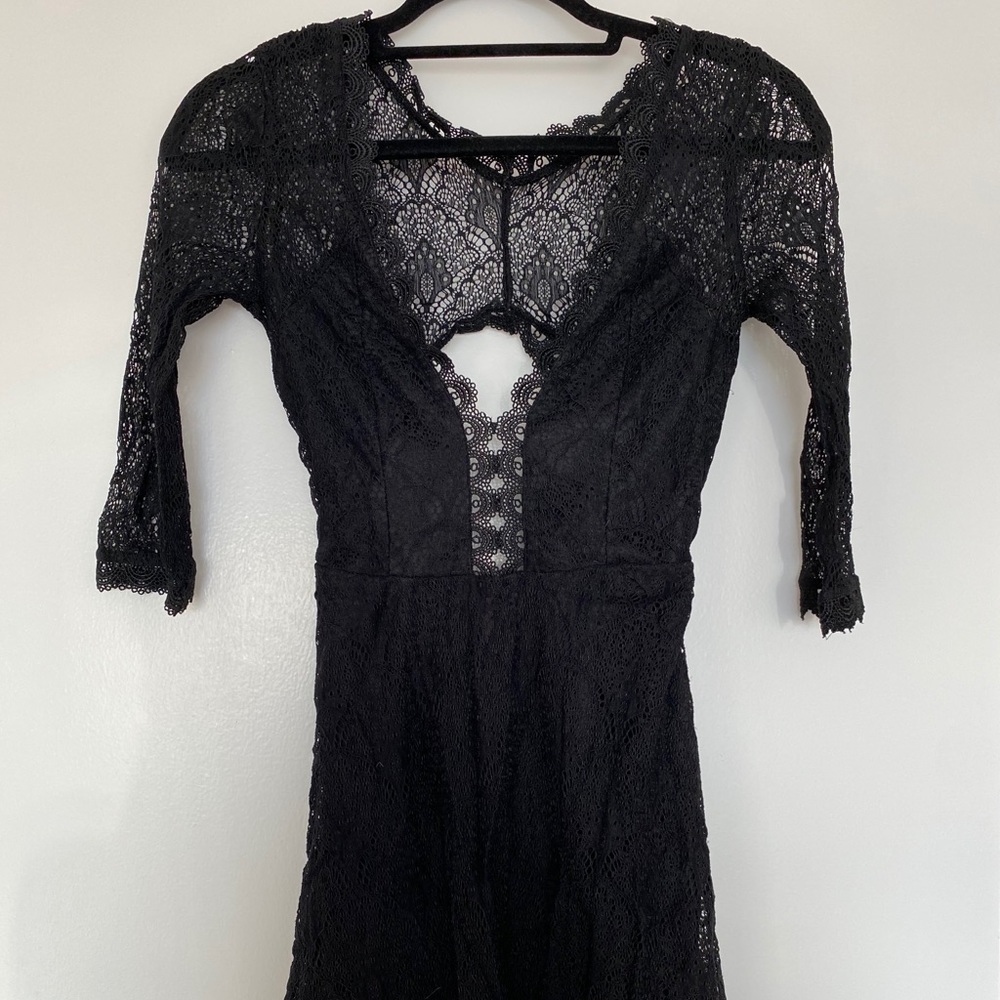 Black lace open back sleeved dress